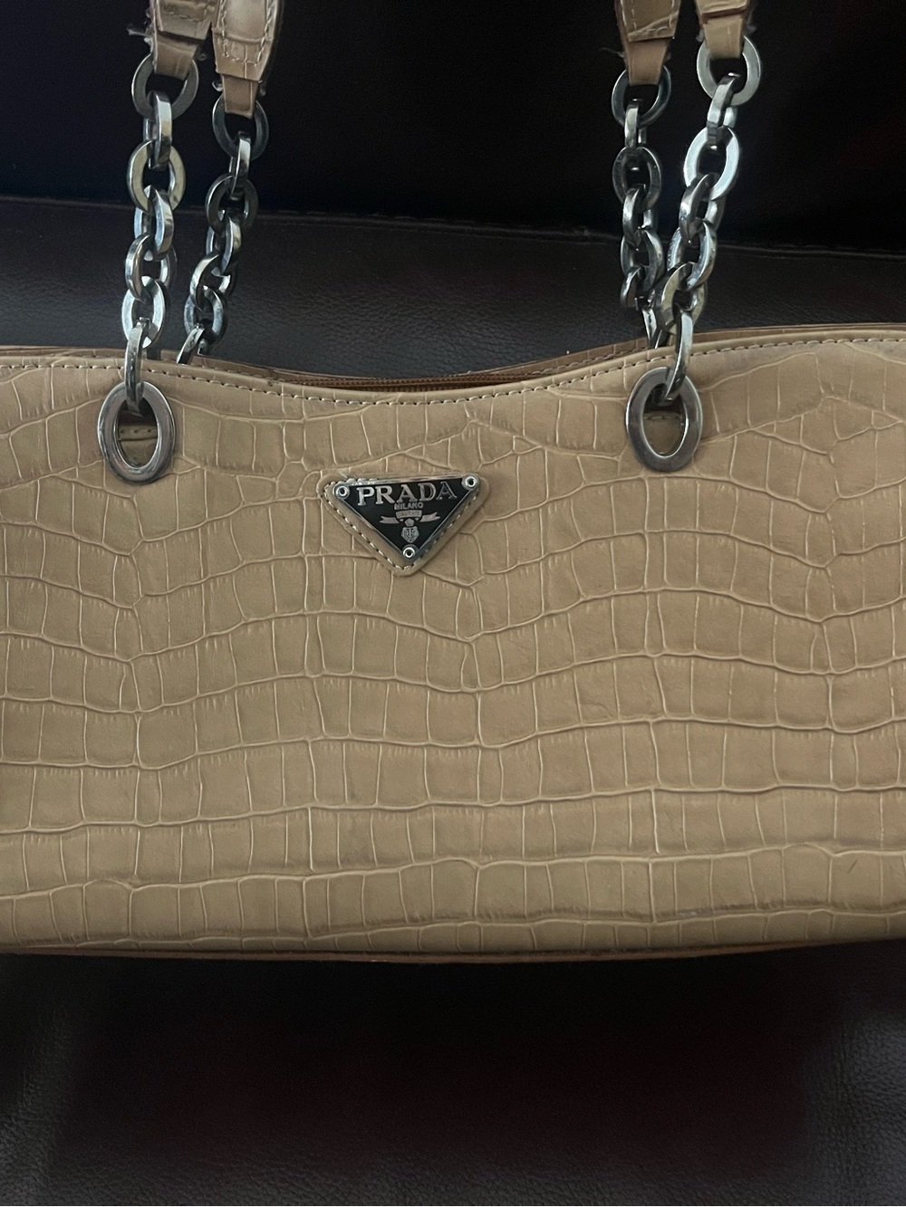 Prada Beige Croc-Embossed Chain Tote
